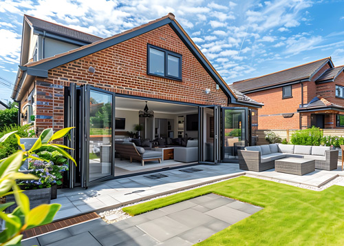 Modern brick house with large sliding glass doors opening to a beautifully landscaped patio and garden, featuring contemporary outdoor furniture and a well-maintained lawn.