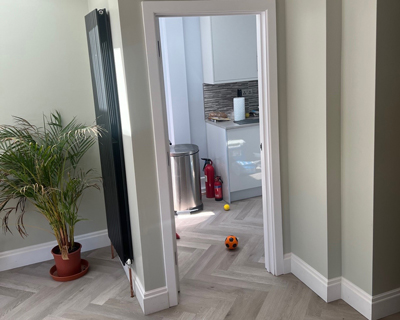 A view through an open doorway into a modern kitchen, featuring a plant in a pot, a stainless steel trash can, fire extinguisher, and colorful balls on the floor.